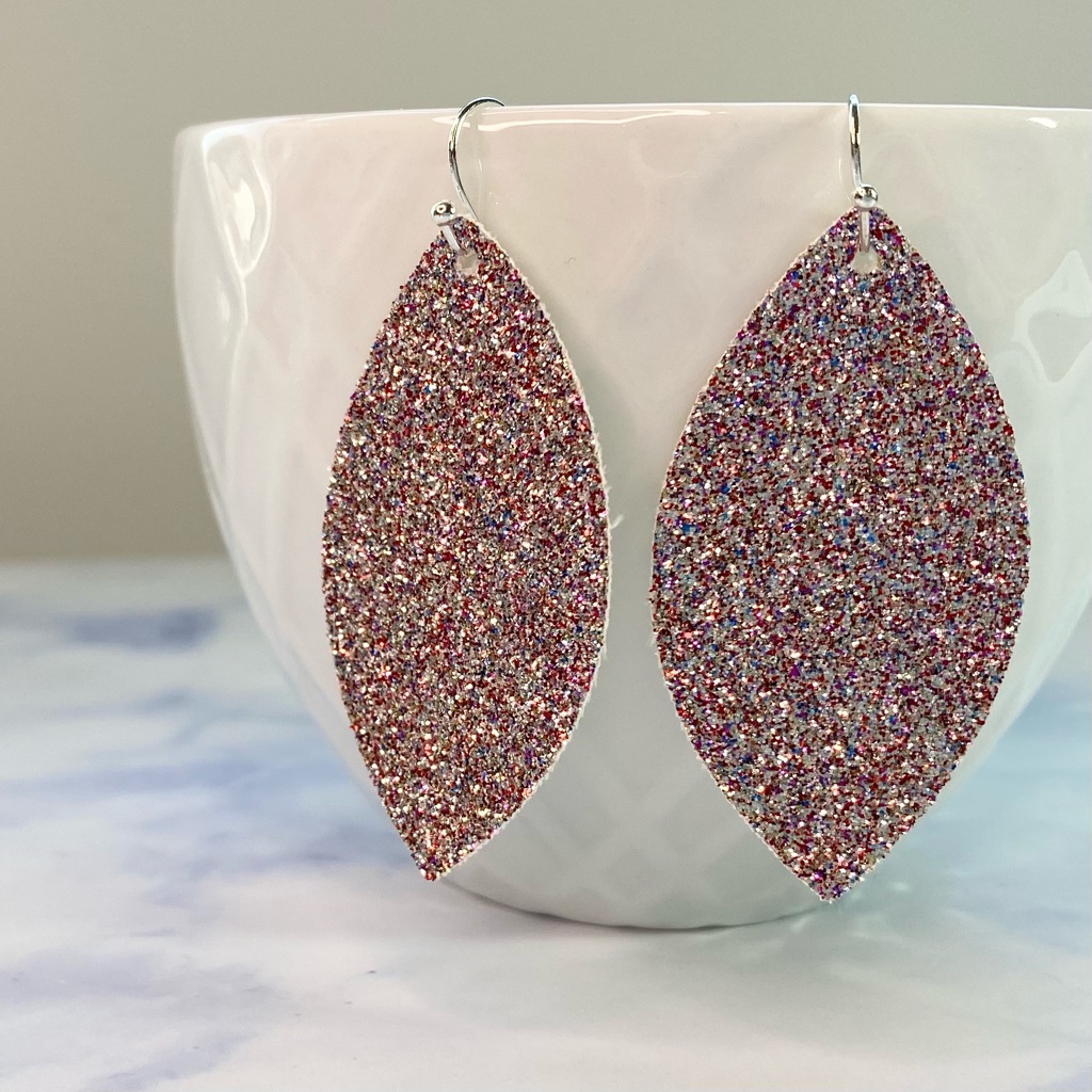 Pink Glitter Earrings, Vegan Leather. Lightweight.
